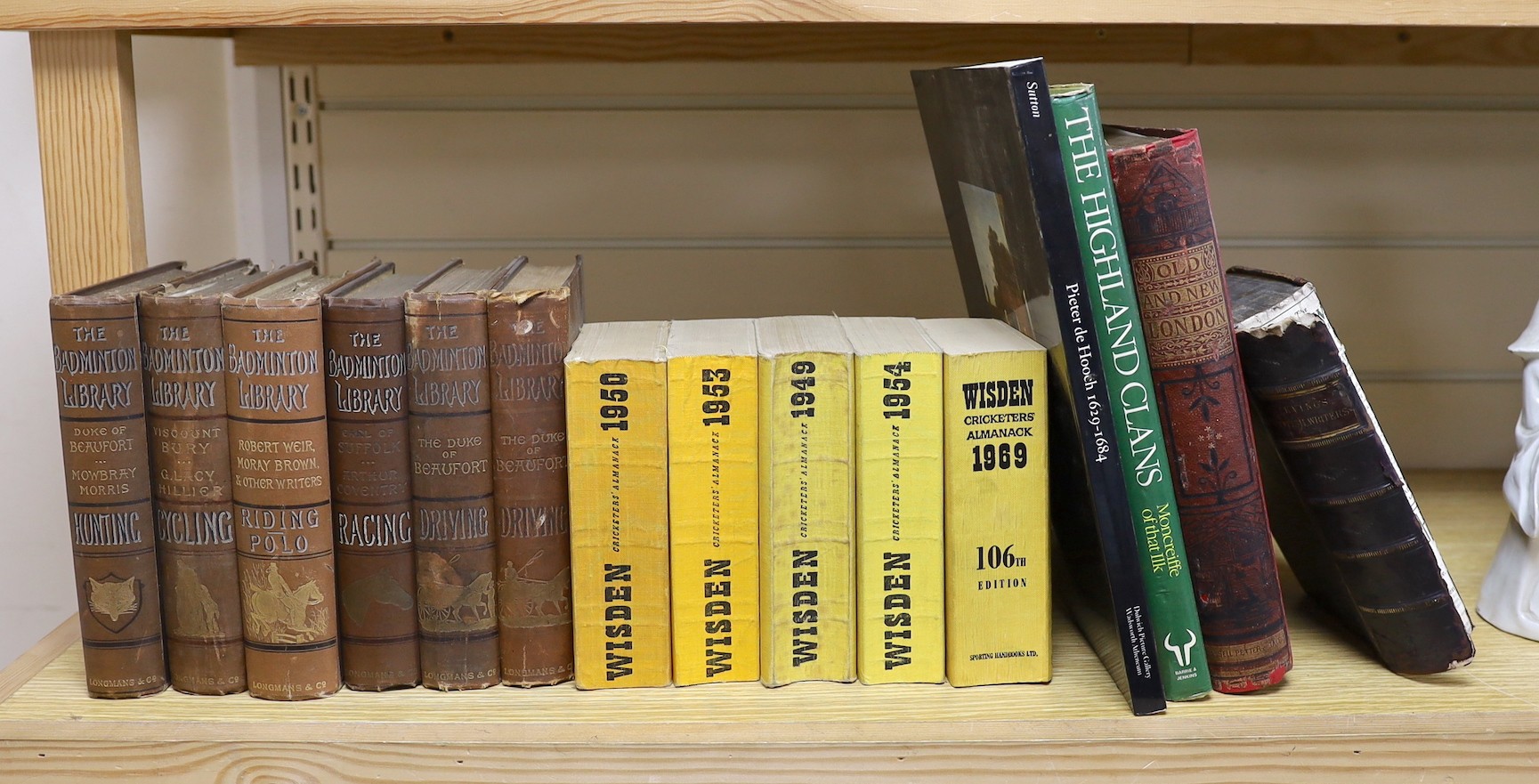 Five Wisden Cricketer's Almanacks, 1949, 1950, 1953, 1954 and 1969, soft covers and a set of six The Badminton Library